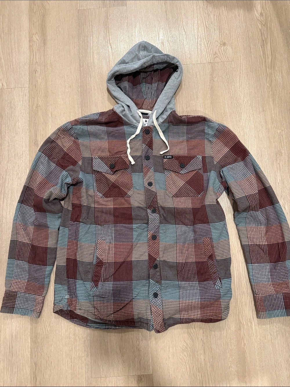 Men's Plaid Hooded Shirt Jacket - Gray Hood, Burgundy & Blue Plaid